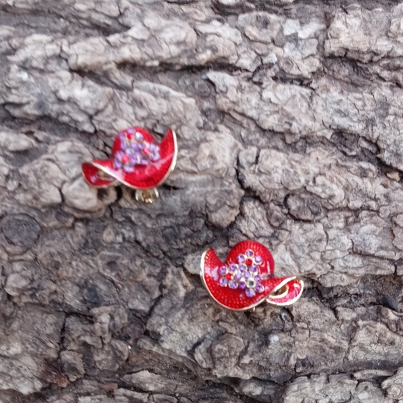 💋💜 Red Hat Ladies 🎀 Earrings Clip - Picture 4 of 6